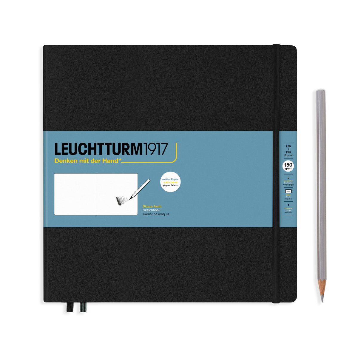 LEUCHTTURM1917 Sketchbook in black square showing paper band with product details by penny black