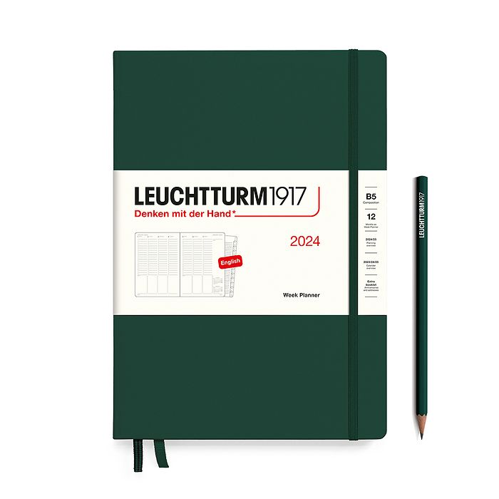An image of a dark green planner with a dark green elastic band holding it together and a cream paper wrap around the middle stating the business name Leuchtturm1917, that it is for the year 2024, it is a week planner, is B5 in size and an English language version. It has an image on the wrap showing the inside layout which is a week across 2 pages set out as appointments. A dark green pencil is shown at the side of the planner.