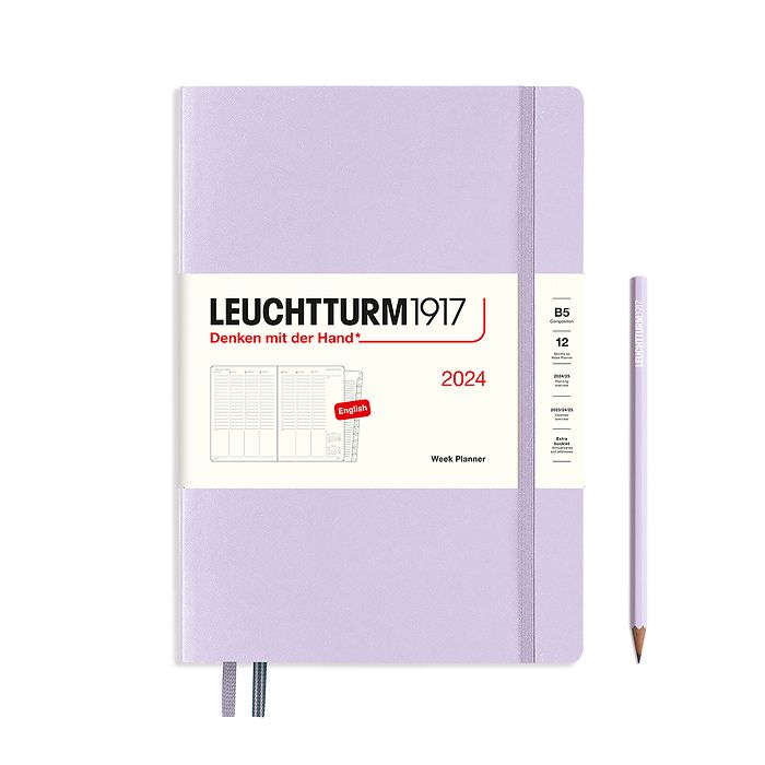 An image of a lilac planner with a lilac elastic band holding it together and a cream paper wrap around the middle stating the business name Leuchtturm1917, that it is for the year 2024, it is a week planner, is B5 in size and an English language version. It has an image on the wrap showing the inside layout which is a week across 2 pages set out as appointments. A lilac pencil is shown at the side of the planner.