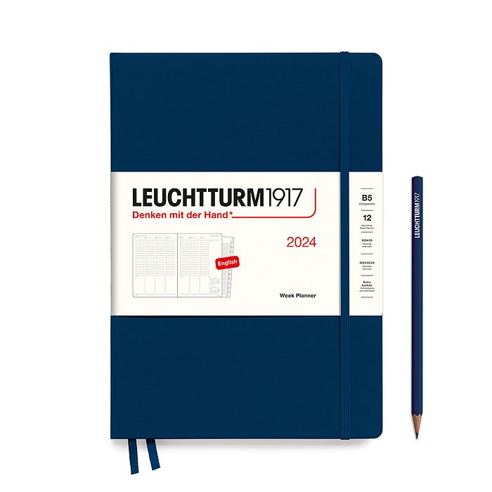 An image of a navy planner with a navy elastic band holding it together and a cream paper wrap around the middle stating the business name Leuchtturm1917, that it is for the year 2024, it is a week planner, is B5 in size and an English language version. It has an image on the wrap showing the inside layout which is a week across 2 pages set out as appointments. A navy pencil is shown at the side of the planner.