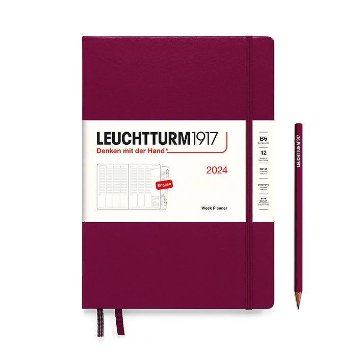 An image of a burgundy planner with a burgundy elastic band holding it together and a cream paper wrap around the middle stating the business name Leuchtturm1917, that it is for the year 2024, it is a week planner, is B5 in size and an English language version. It has an image on the wrap showing the inside layout which is a week across 2 pages set out as appointments. A burgundy pencil is shown at the side of the planner.