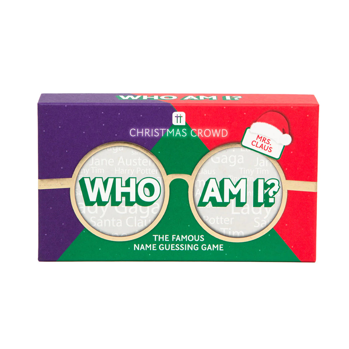 An image of a Christmas themed Who Am I game. The box has an image of big spectacles with the words Who in one, and Am I? in the other. The box is coloured in festive geometric shapes.