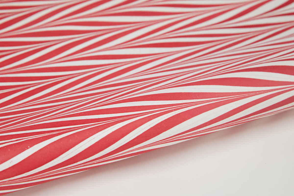 Red Candy Stripe Hand Marbled Christmas Wrapping Paper Sheet