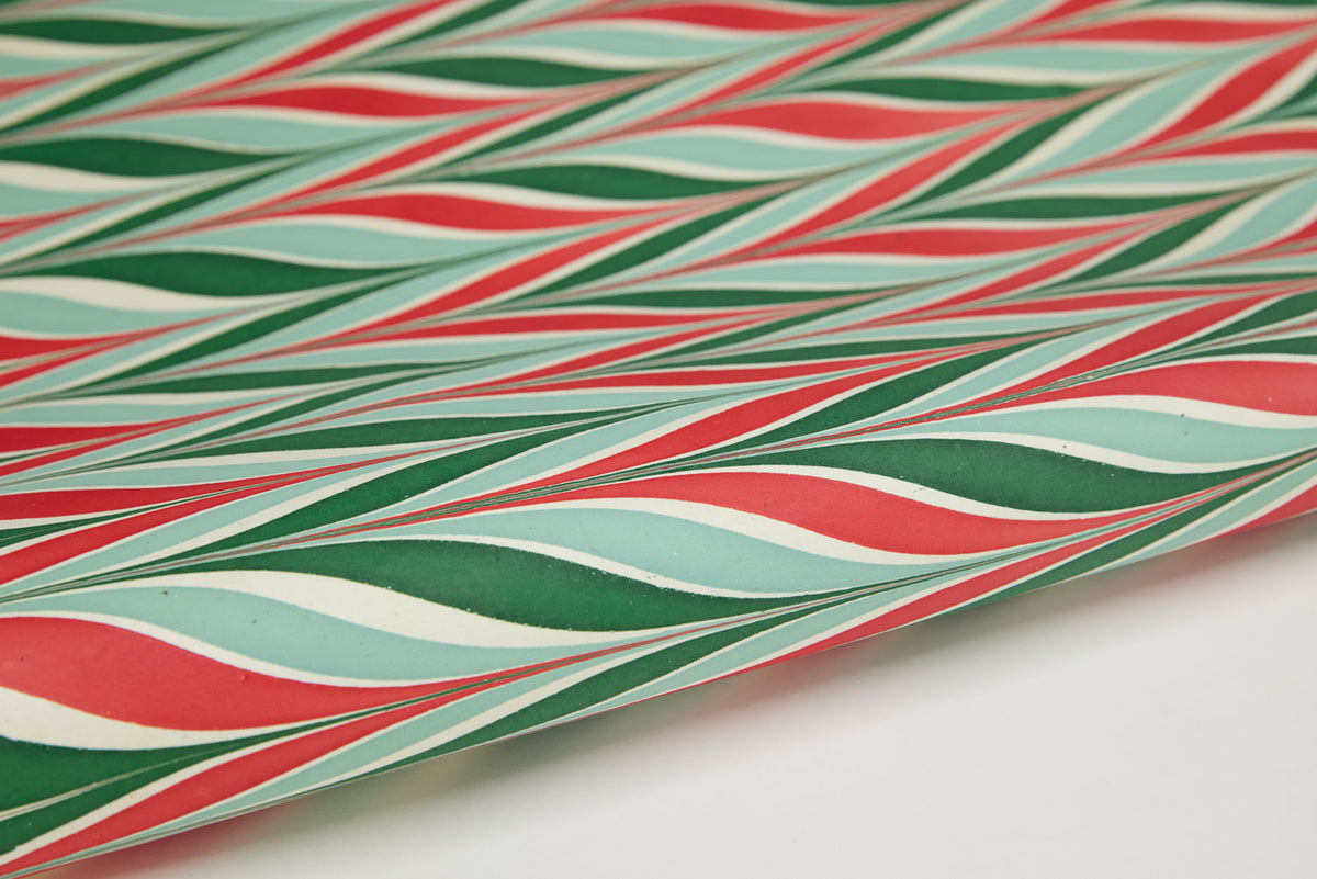 Festive Candy Stripe Hand Marbled Christmas Wrapping Paper Sheet