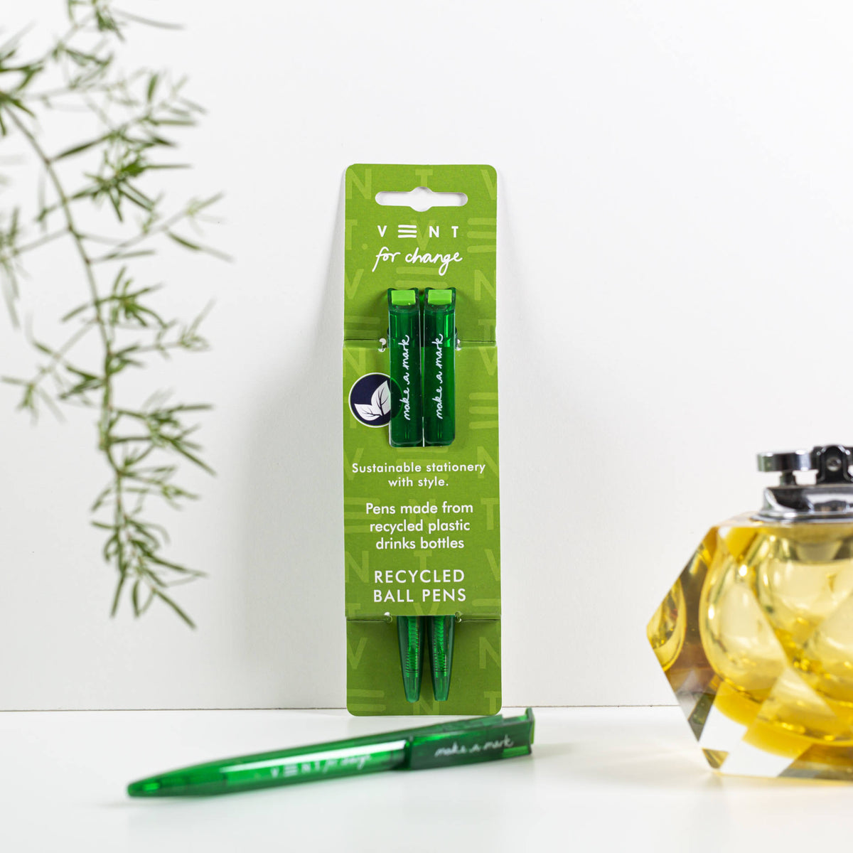 Make a Mark Recycled Pen 2 pack set by Vent for Change in it&#39;s packaging against a wall in colourway earthy green