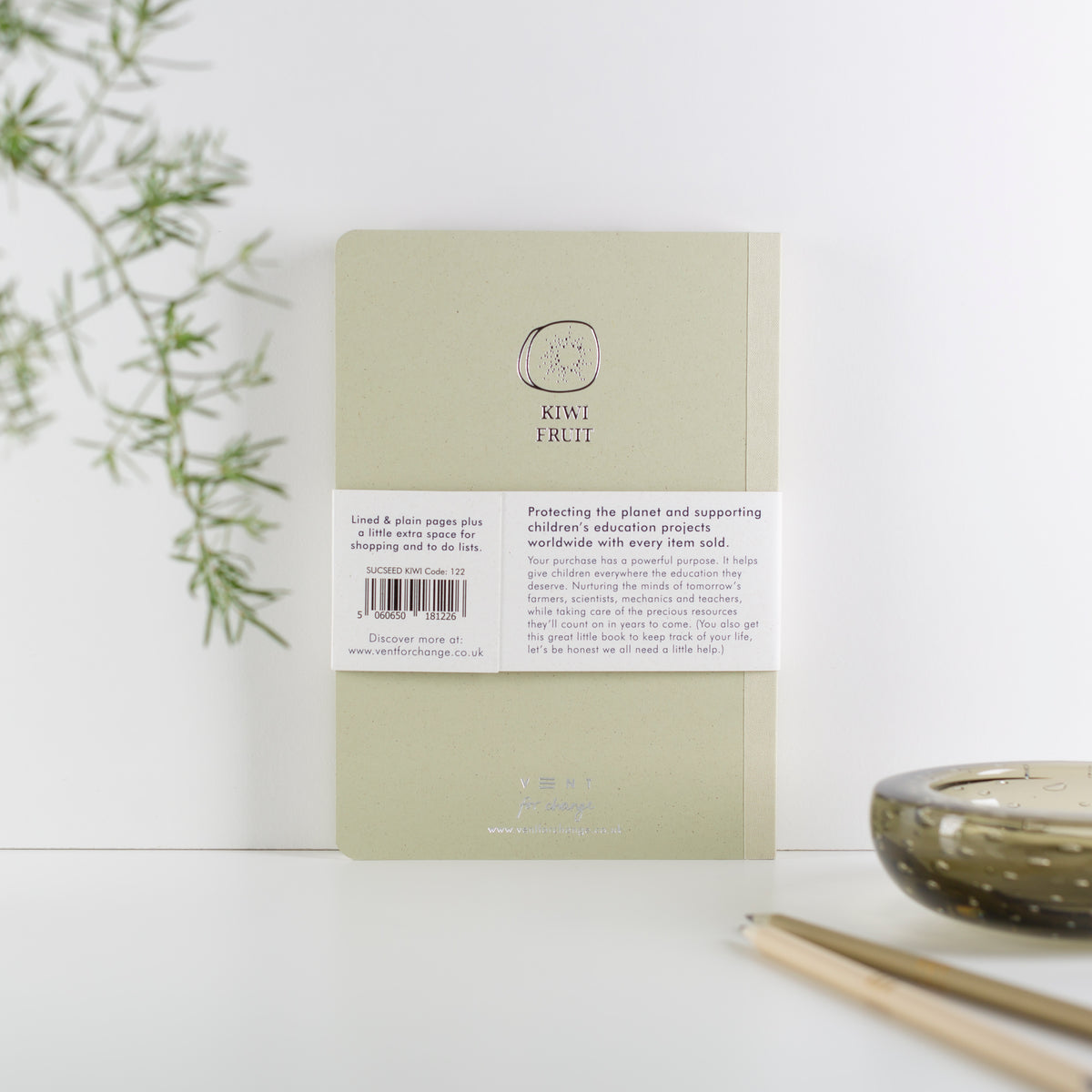 SUCSEED Recycled A5 Notebook back cover with a kiwi fruit cover by Vent for Change at Penny Black