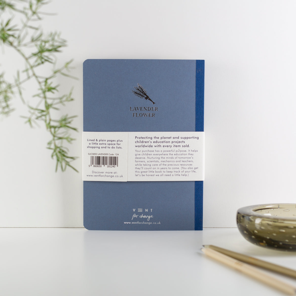 SUCSEED Recycled A5 Notebook back cover with a lavender flower cover by Vent for Change at Penny Black