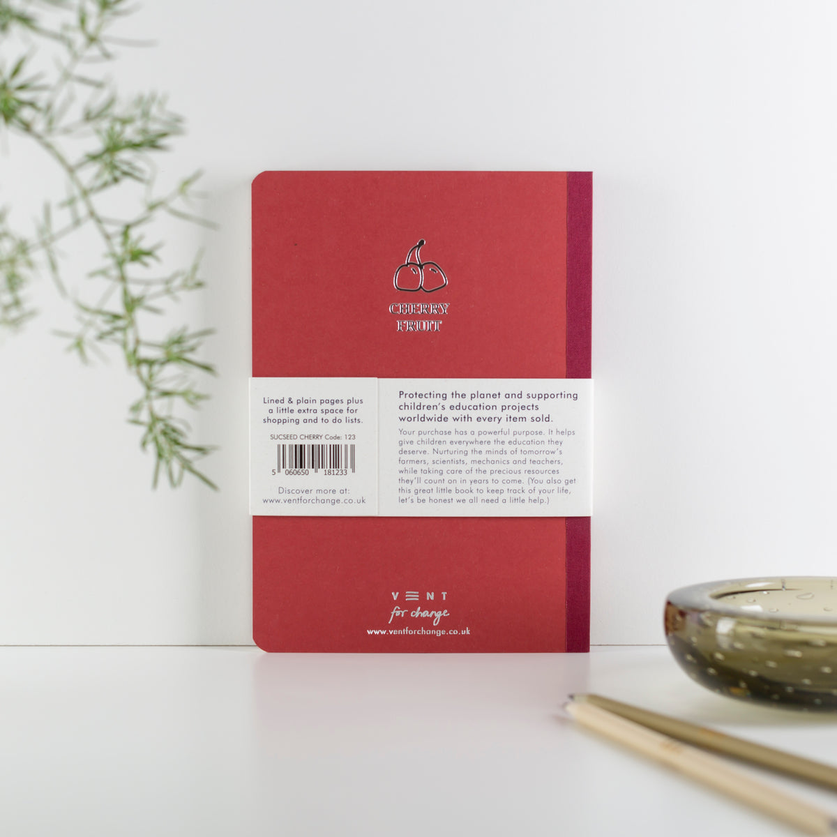 SUCSEED Recycled A5 Notebook back cover with a cherry fruit cover by Vent for Change at Penny Black