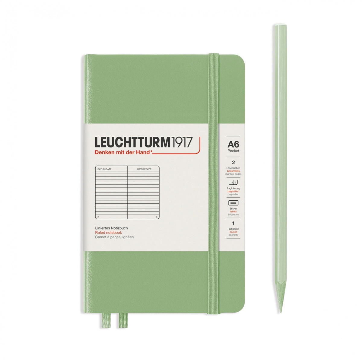 Leuchtturm1917 Notebook A6 Pocket Hardcover in sage green and lined ruling from penny black