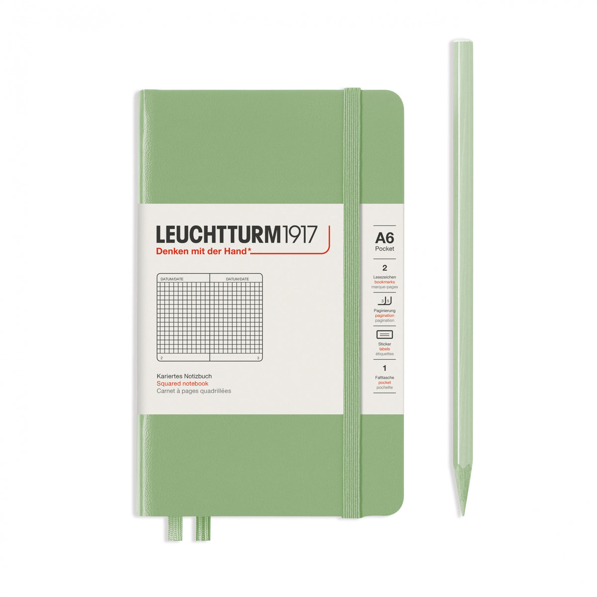 Leuchtturm1917 Notebook A6 Pocket Hardcover in sage green and squared ruling from penny black