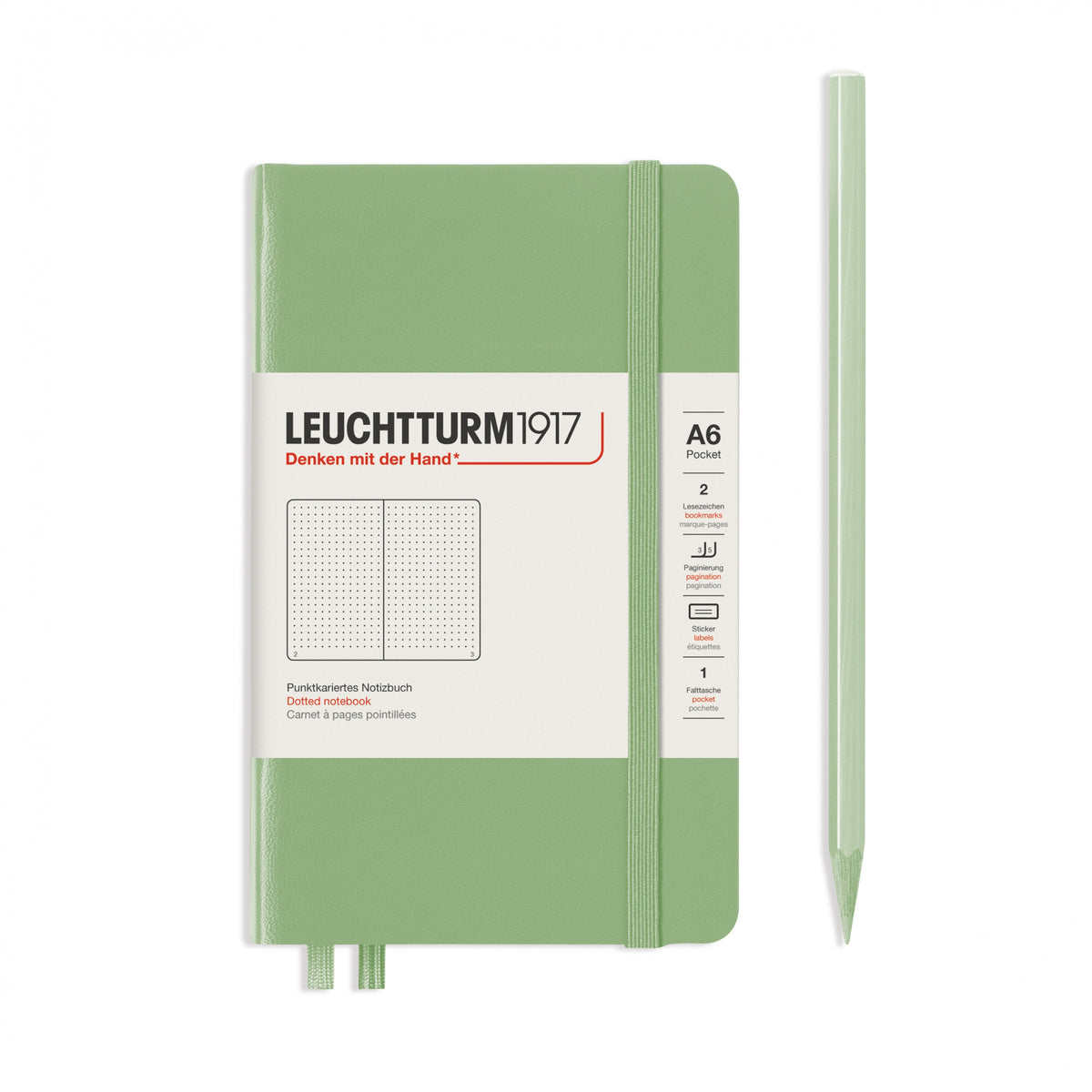 Leuchtturm1917 Notebook A6 Pocket Hardcover - Penny BlackLeuchtturm1917 Notebook A6 Pocket Hardcover in sage green and dotted ruling from penny black