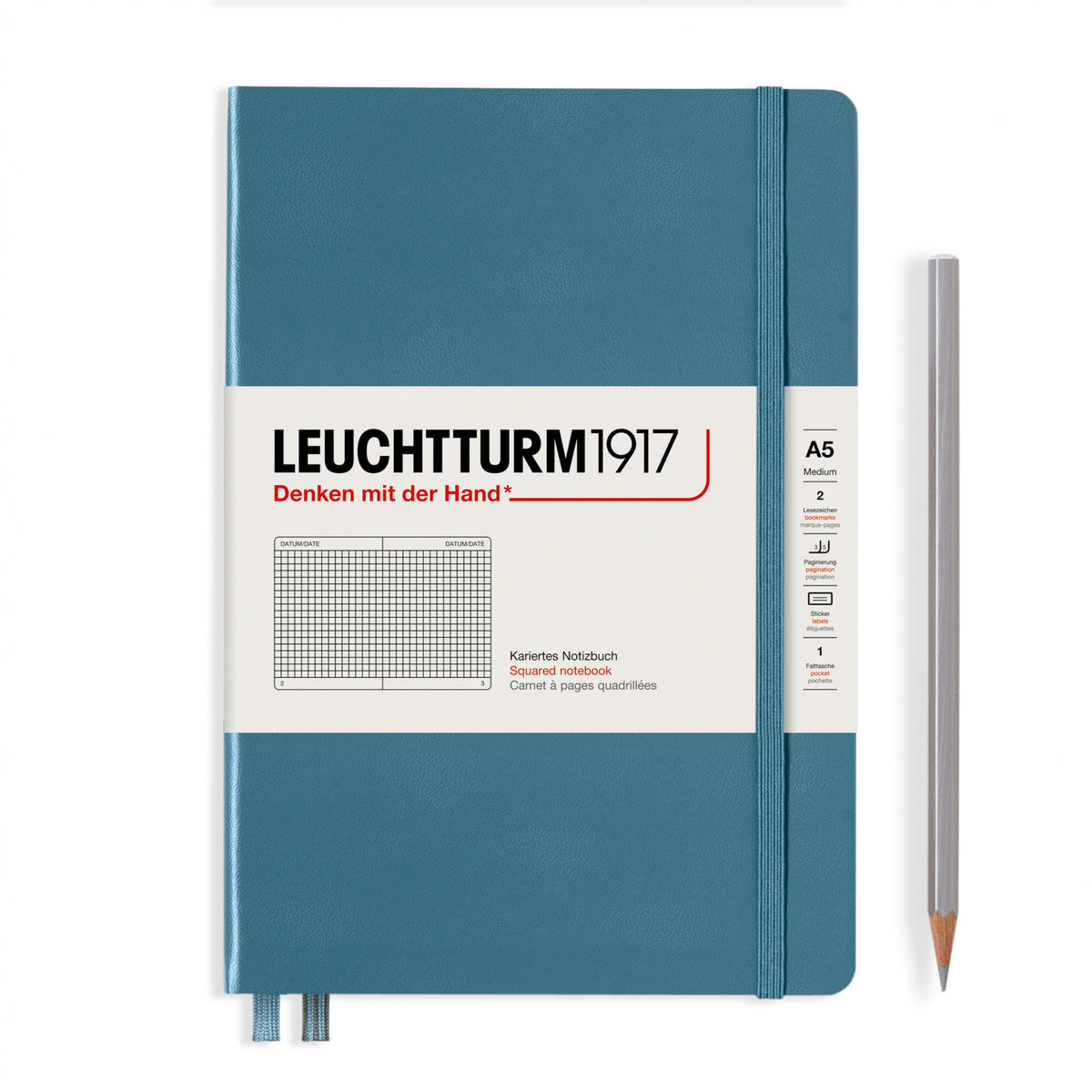 Leuchtturm1917 Notebook A5 Medium Hardcover in stone blue colour with squared ruling - Penny Black
