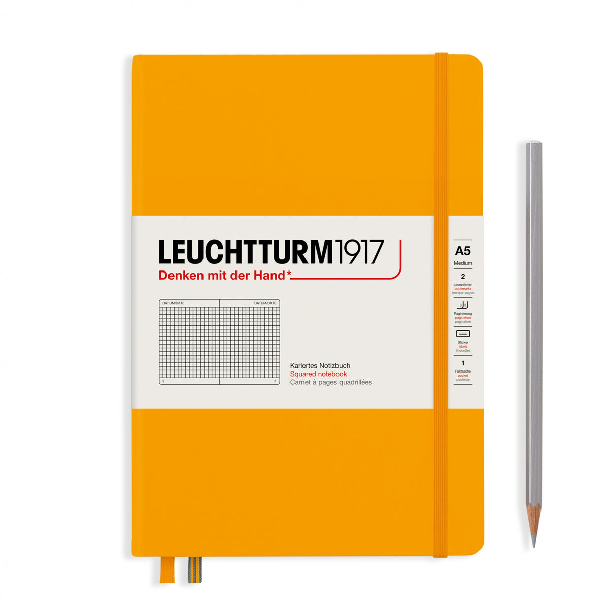 Leuchtturm1917 Notebook A5 Medium Hardcover in rising sun colour with squared ruling - Penny Black