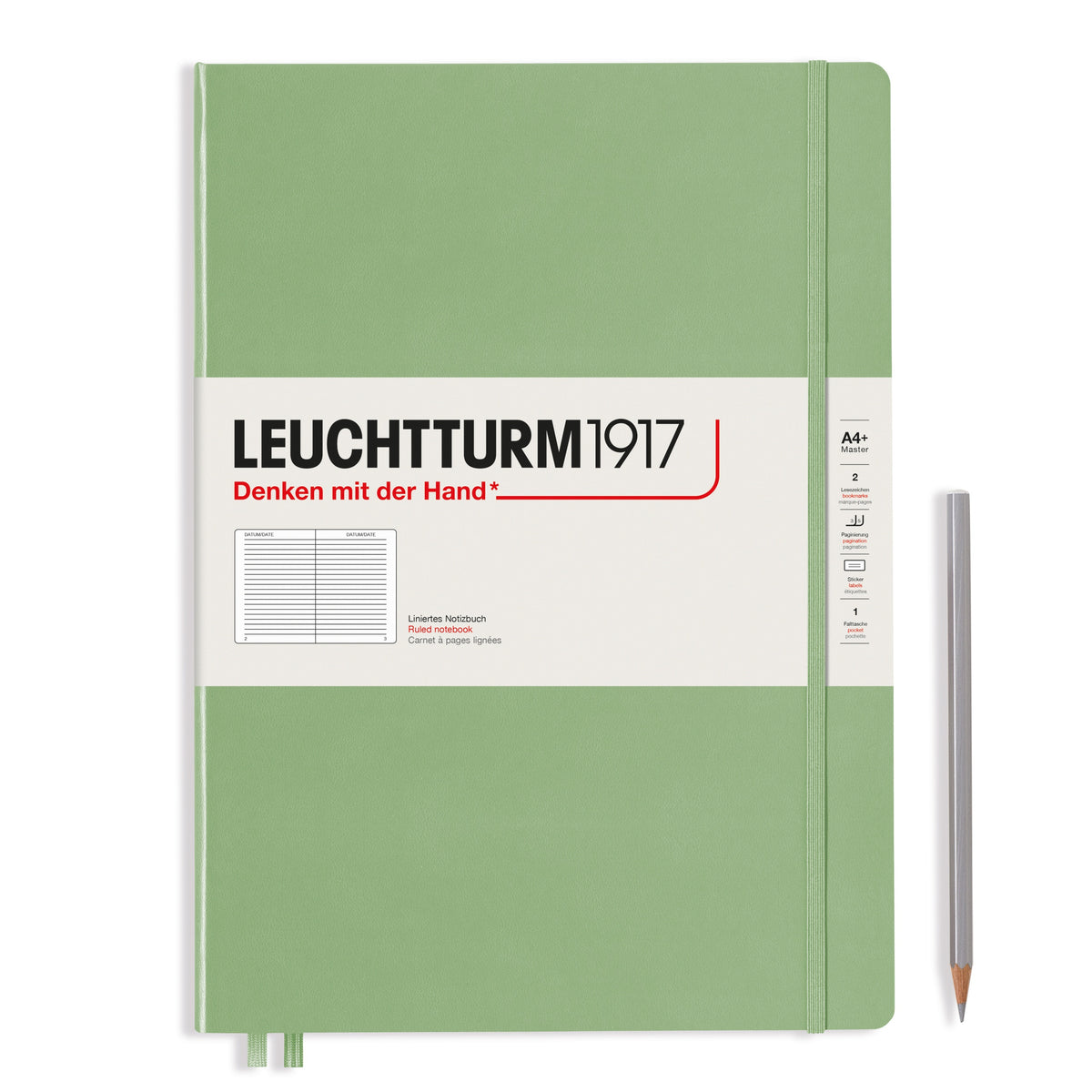 A large sage green notebook with a white paper band around it with the logo of the brand Leuchtturm1917. Below this is an image of the page ruling inside - in this case, ruled. It has two page marker ribbons showing at the bottom near the binding and a matching colour elastic notebook closure holding it neatly together. A silver pencil is shown at the side of the book for size reference.
