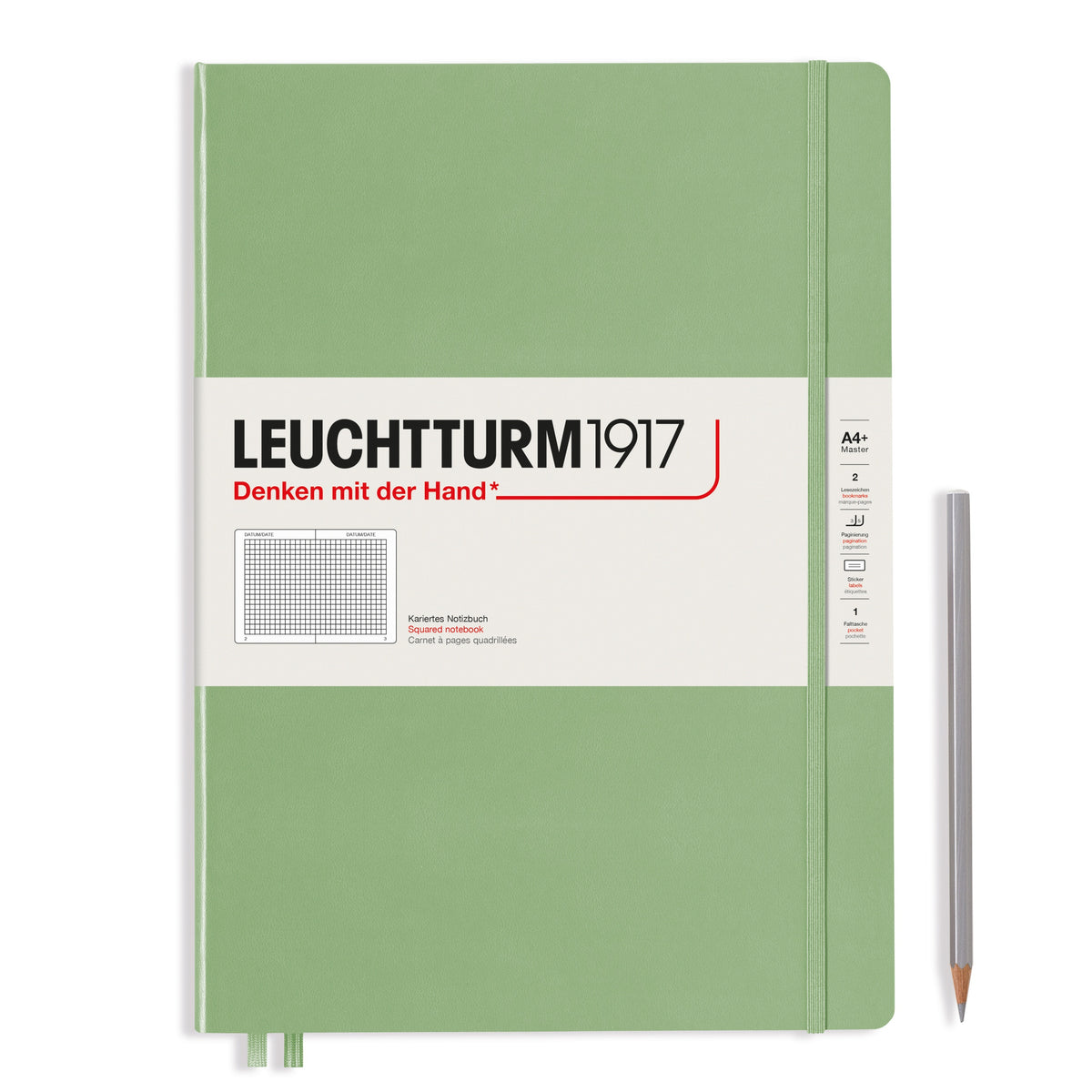 A large sage green notebook with a white paper band around it with the logo of the brand Leuchtturm1917. Below this is an image of the page ruling inside - in this case, squared. It has two page marker ribbons showing at the bottom near the binding and a matching colour elastic notebook closure holding it neatly together. A silver pencil is shown at the side of the book for size reference.
