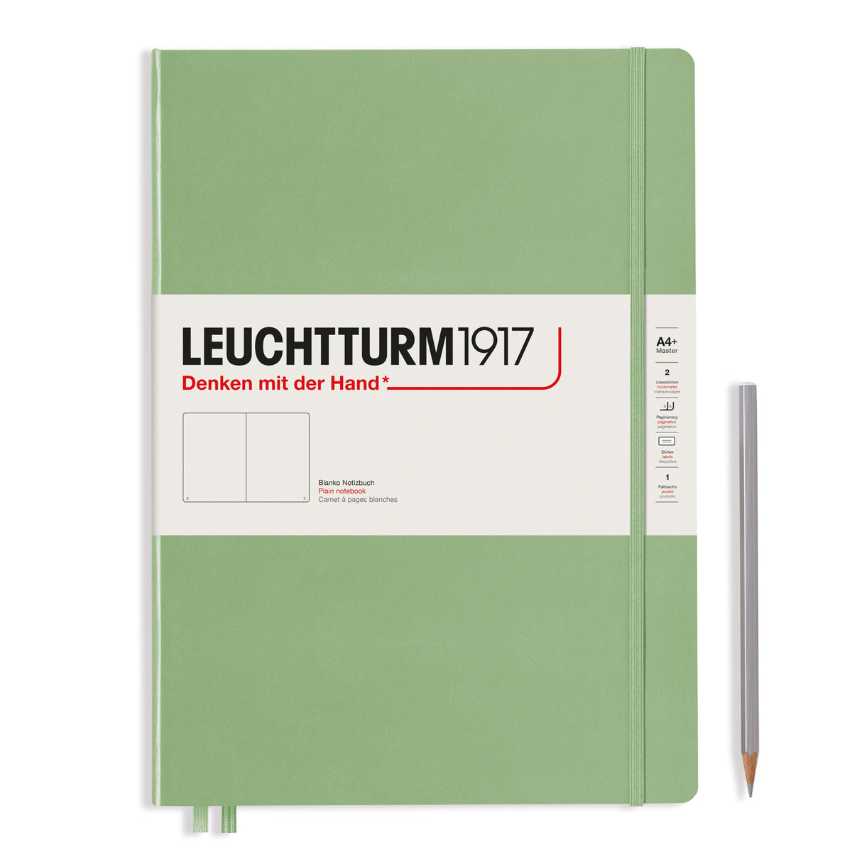 A large sage green notebook with a white paper band around it with the logo of the brand Leuchtturm1917. Below this is an image of the page ruling inside - in this case, plain. It has two page marker ribbons showing at the bottom near the binding and a matching colour elastic notebook closure holding it neatly together. A silver pencil is shown at the side of the book for size reference.