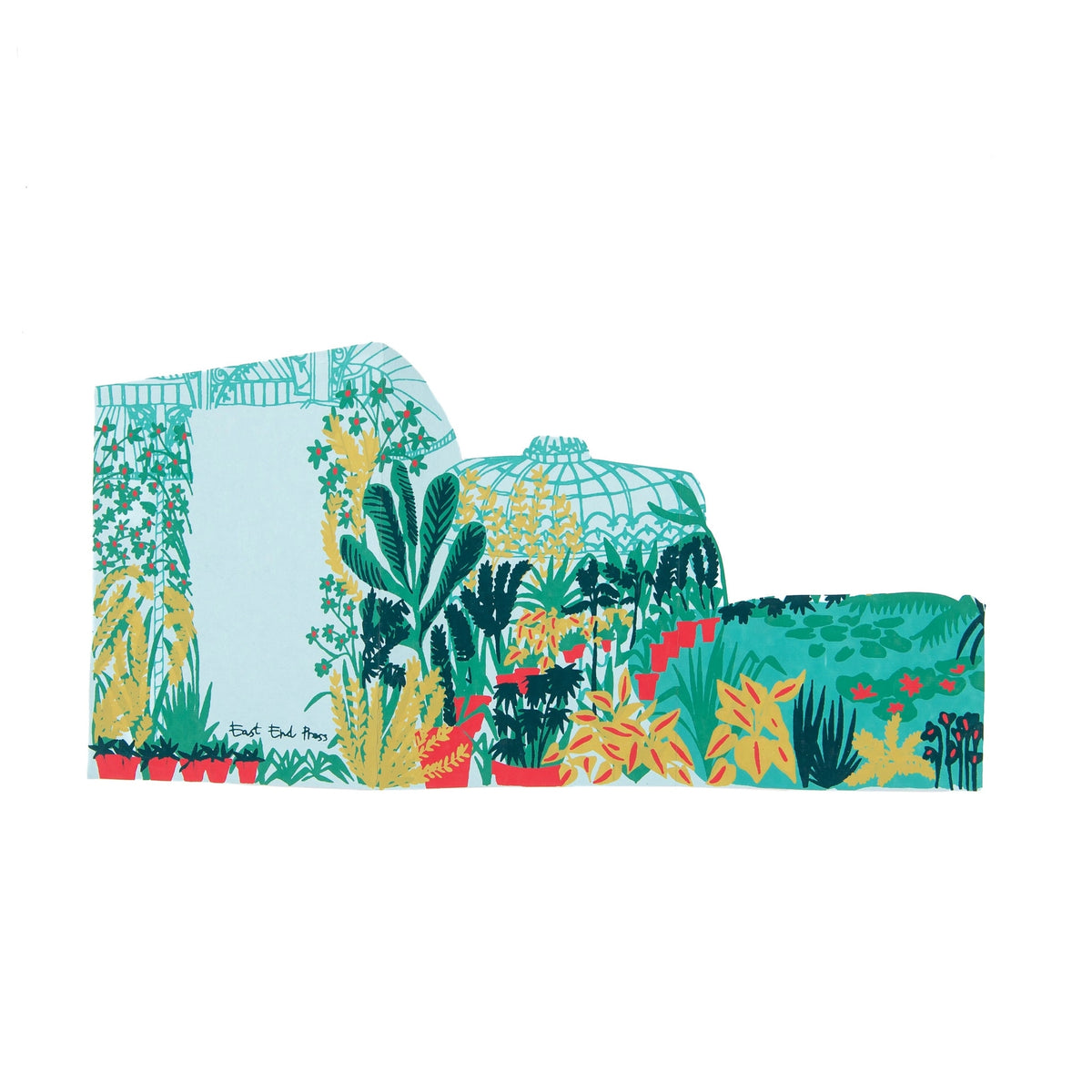 Glass house shaped concertina greetings card covered in screen printed plants and dome imagery. The image shows a blank are where the message could be written.