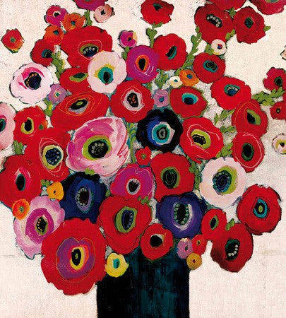 An image of a pack of 8 notecards by Woodmansterne Publishing. It shows a preview on the card design which is a bunch of red and purple poppies.