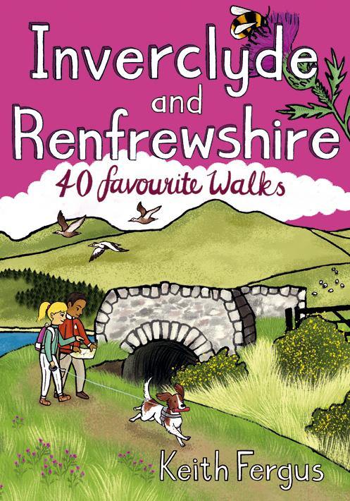 An image of the front cover of a walking book for Inverclyde and Renfrewshire in Scotland by Pocket Mountains. The image is of a slightly crude illustration of two people and a dog walking in the hills, about to cross an old stone bridge whilst looking at a map.