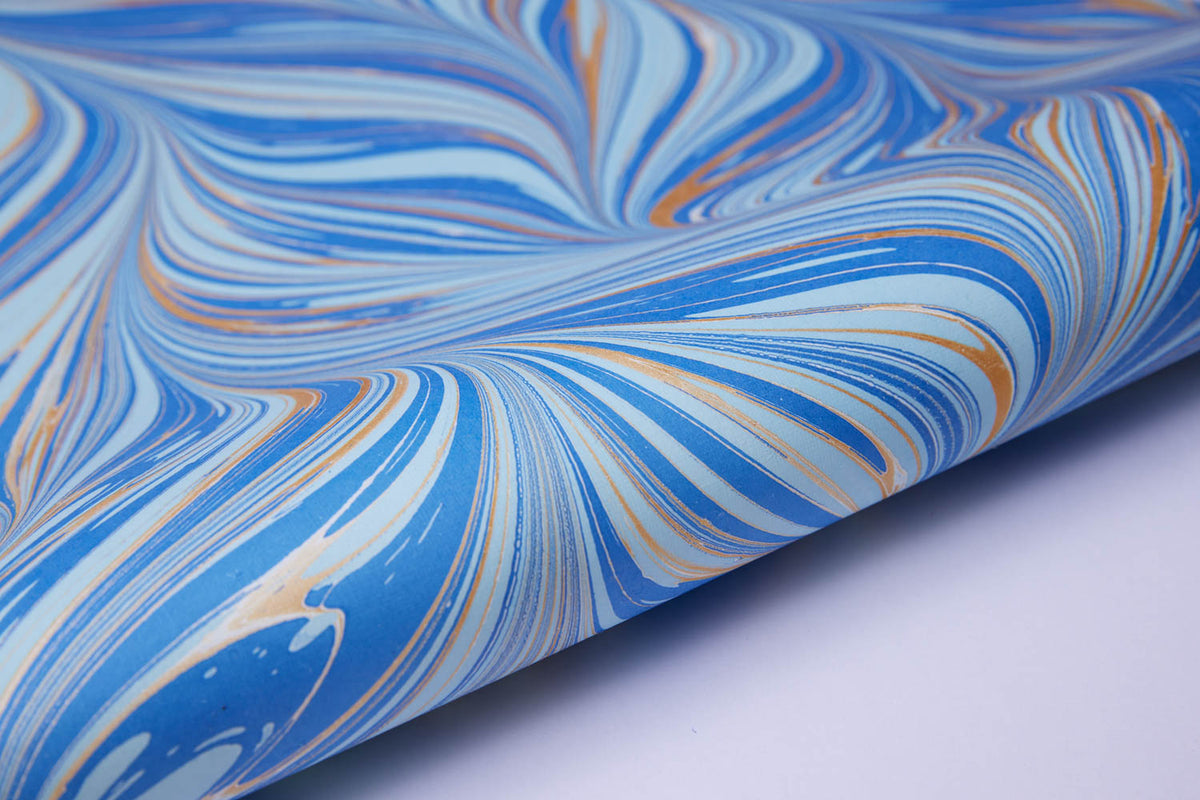Fountain Waves Blue &amp; Gold Hand Marbled Wrapping Paper Sheet
