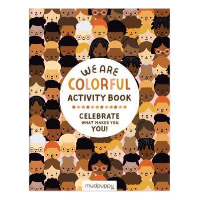 An activity book cover with many people in the background of a variety of ethnicities illustrated. There is a white circle in the middle stating the books name and purpose.