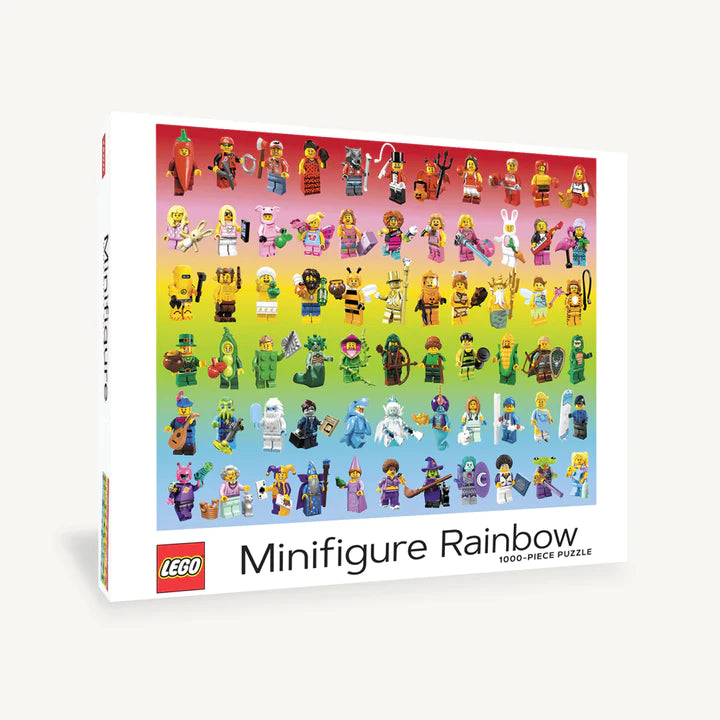 Front cover of a jigsaw bow showing a rainbow background with tens of assorted minifigures laid out in rows.