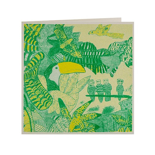 A greetings card featuring a colourful citrus design on a toucan in the forest.