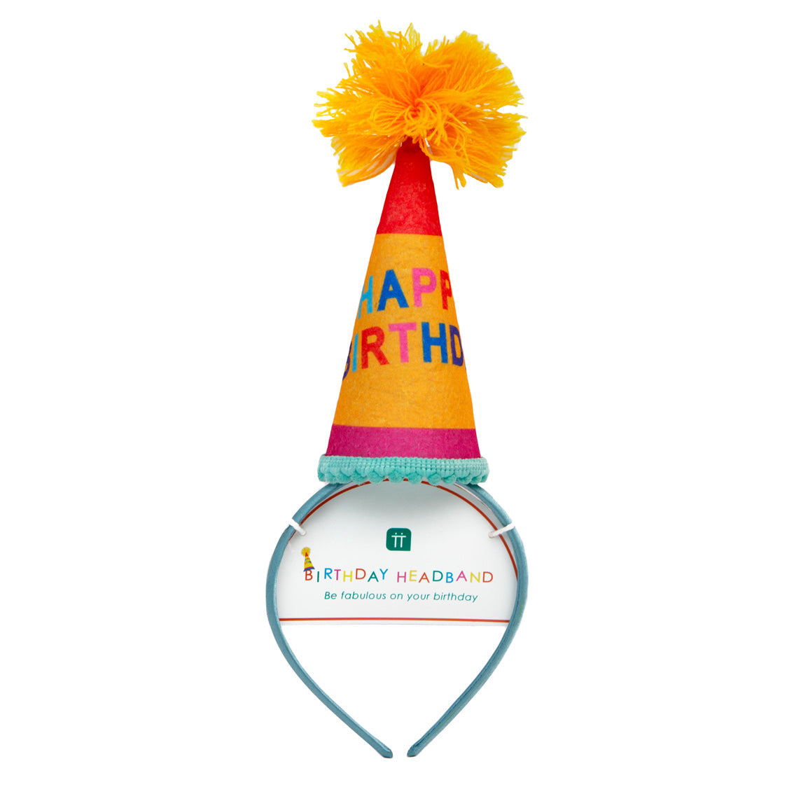 Blue headband with traditional cone party hat on top with pompom on top, featuring the words happy birthday and retail packaging.