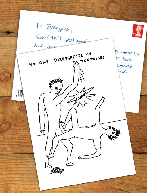 Disrespects My Tortoise Postcard  written and stamped on one side