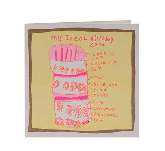 A greetings card with a yellow background and hand drawn birthday cake, with each layer tagged