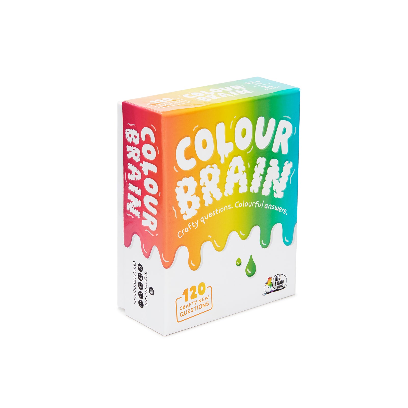 A box for the game Colourbrain with rainbow coloured slime covering three quarters of the box.