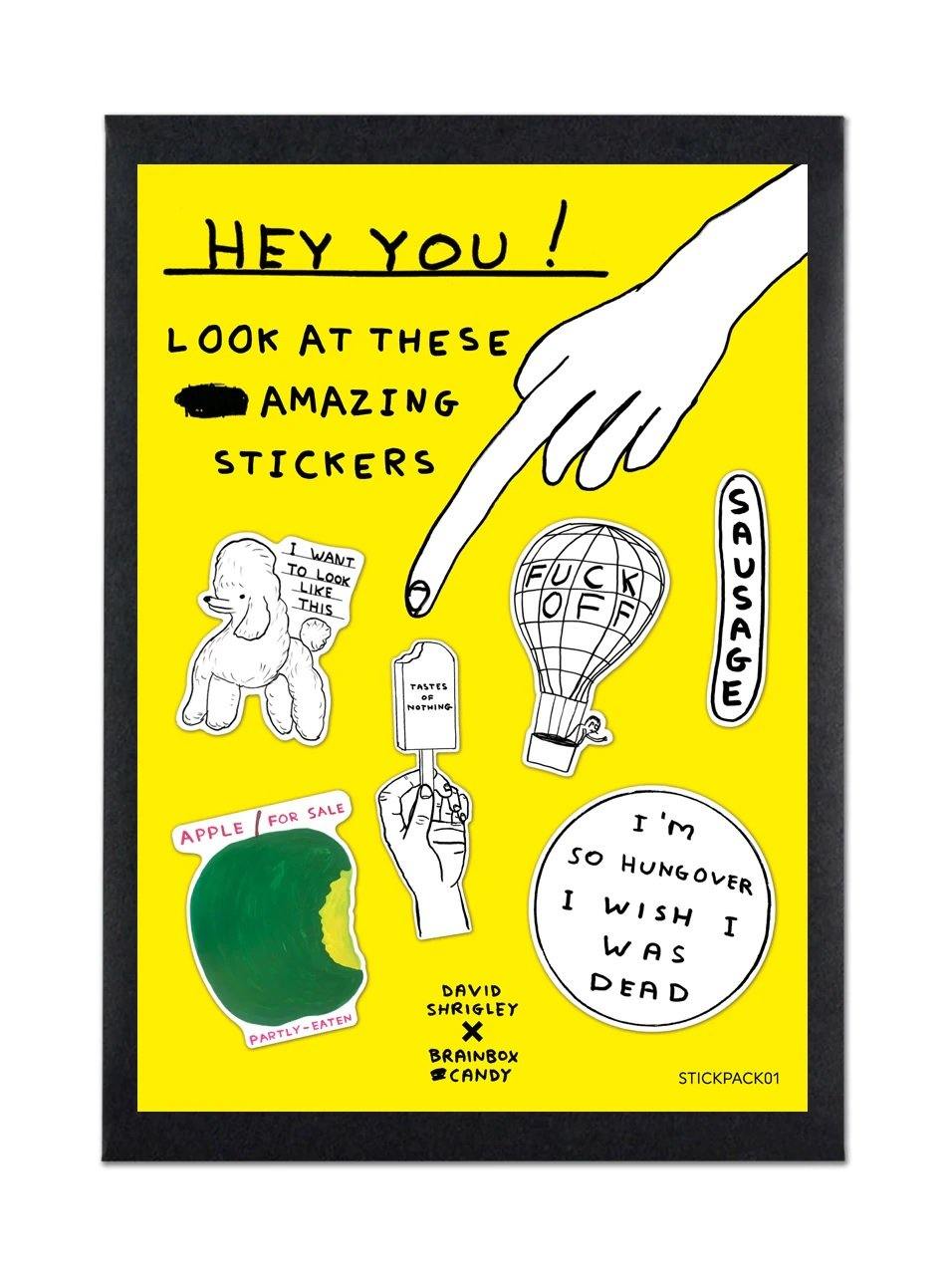 David Shrigley Sticker Pack in bright yellow packaging showing contents of set 1 from Penny Black