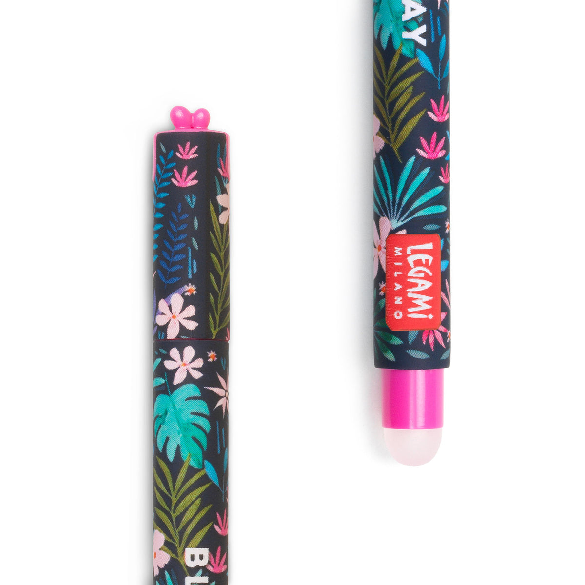 Image of an erasable pen lid and rubber with a tropical foliage pattern.