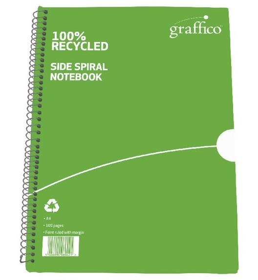 Grass Green cover of a Graffico A4 Spiral Bound Notebook. It has a wire binding down the left hand side and has branding and key features printed such as 100% recycled.