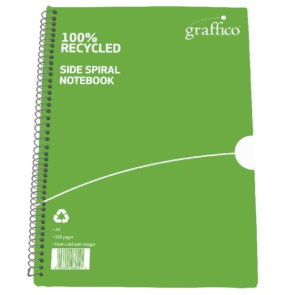 Grass Green cover of a Graffico A5 Spiral Bound Notebook. It has a wire binding down the left hand side and has branding and key features printed such as 100% recycled.
