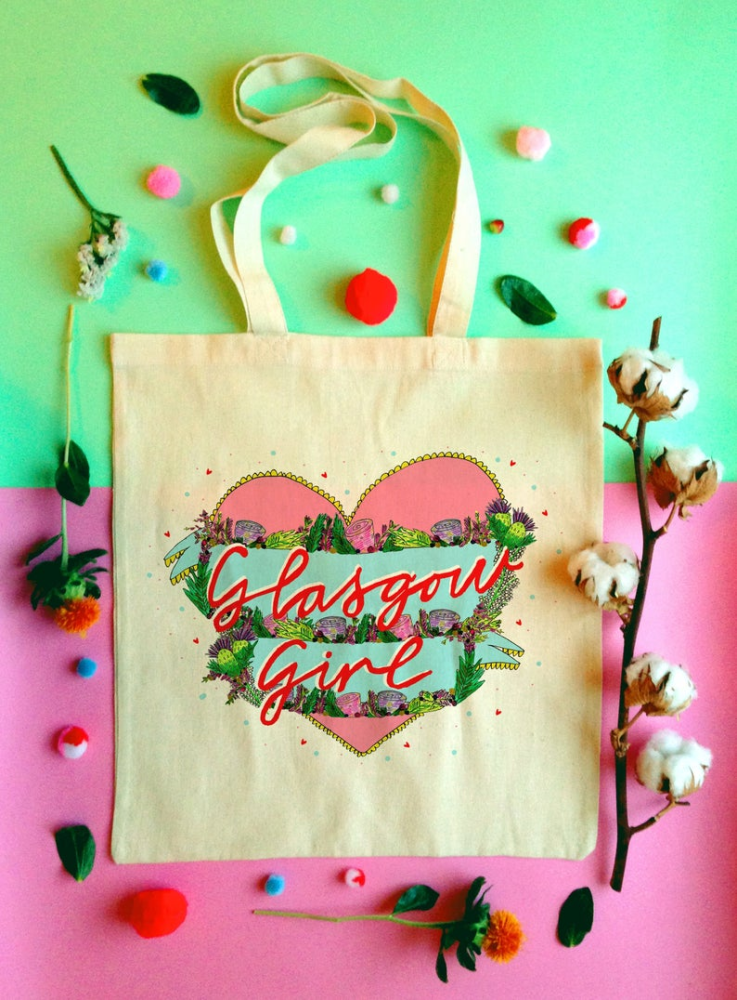 Glasgow Girl Heart Illustrated Scottish Tote Bag