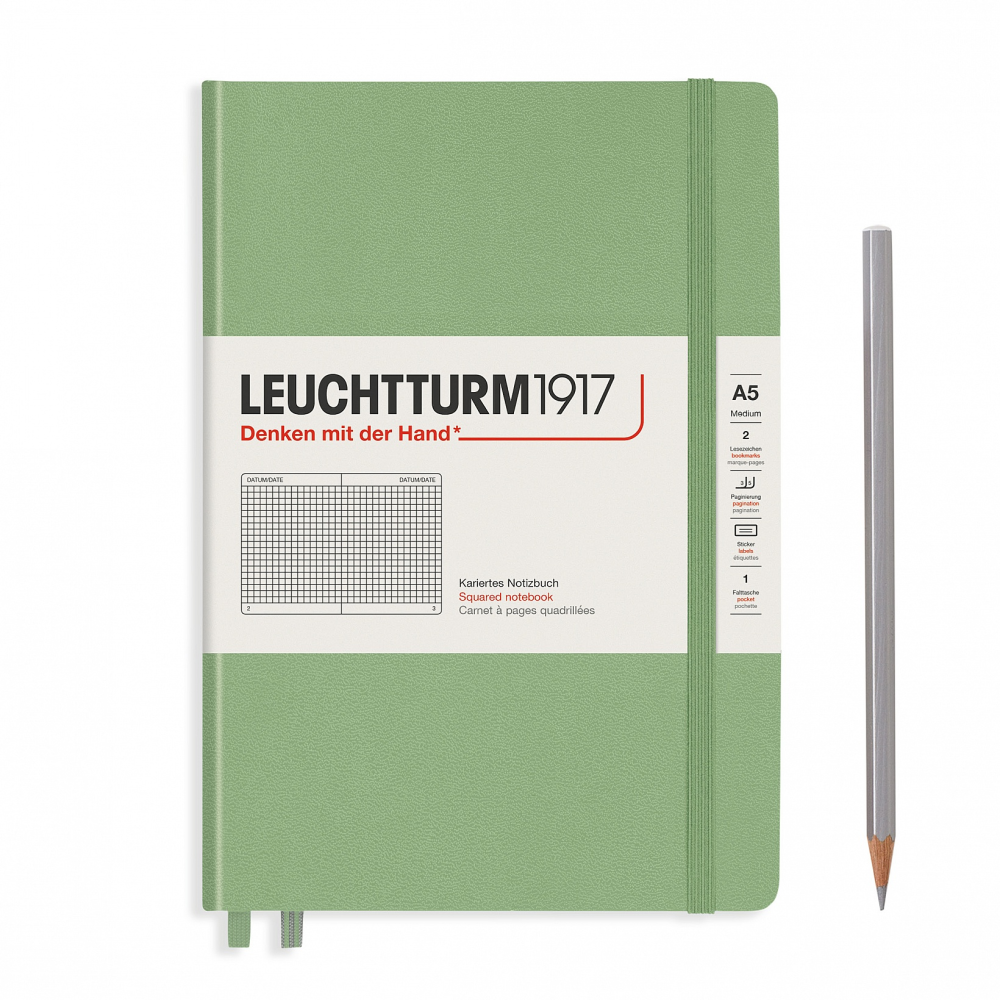 Leuchtturm1917 Notebook A5 Medium Hardcover in a sage green colour with squared ruling- Penny Black