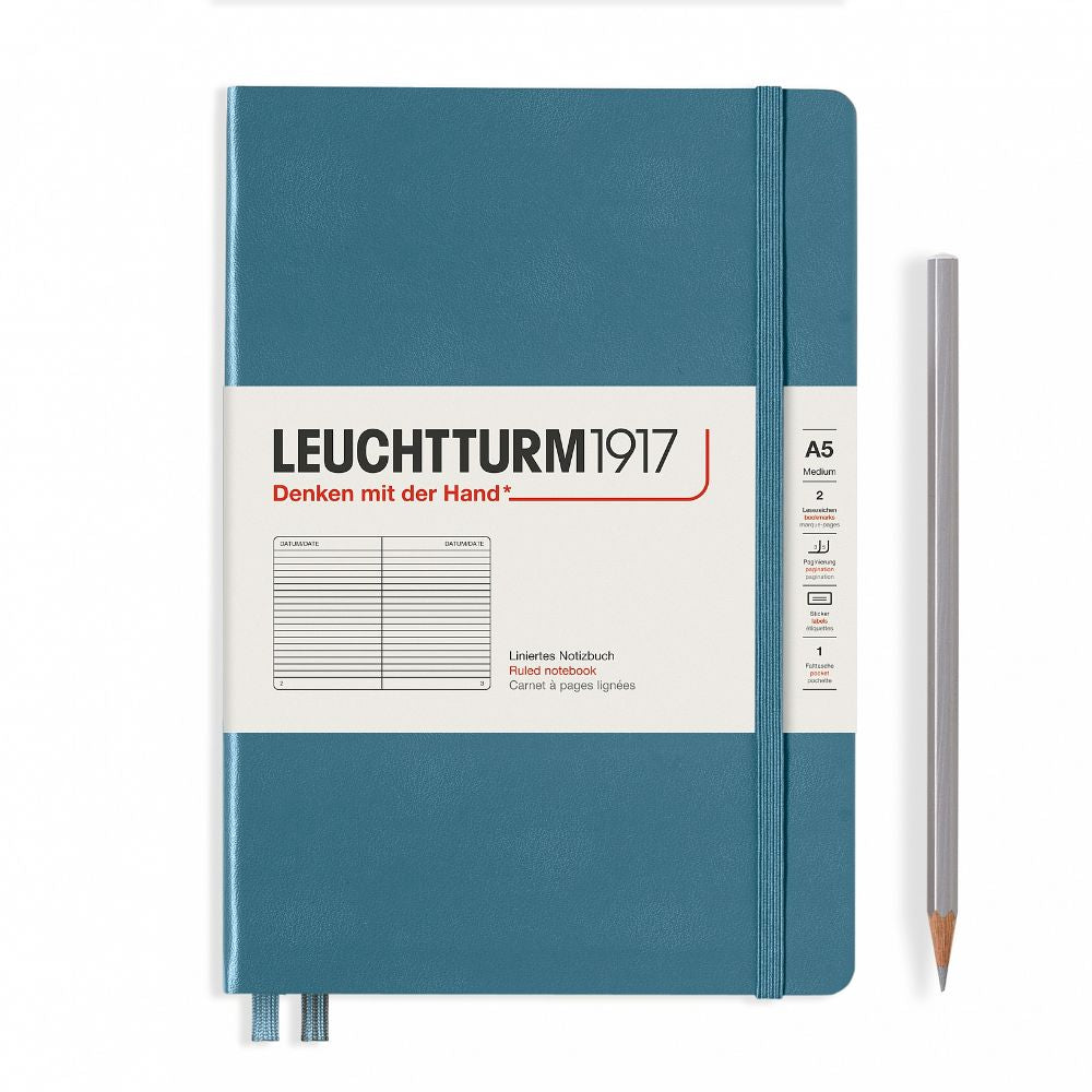 Leuchtturm1917 Notebook A5 Medium Hardcover in stone blue colour with a lined ruling - Penny Black