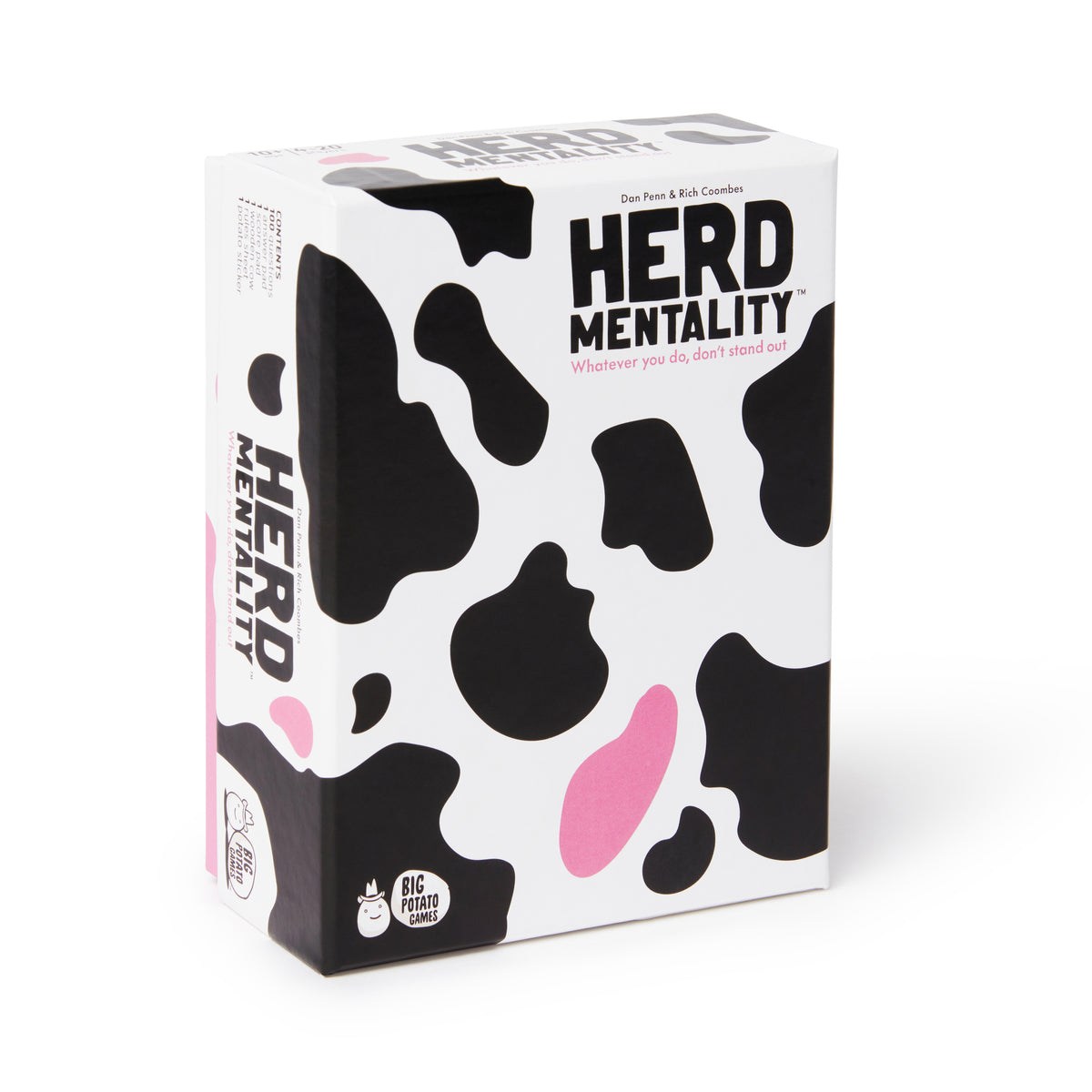 A box covered in black, white and pink cow print. Houses the game Herd Mentality by Big POtato Games