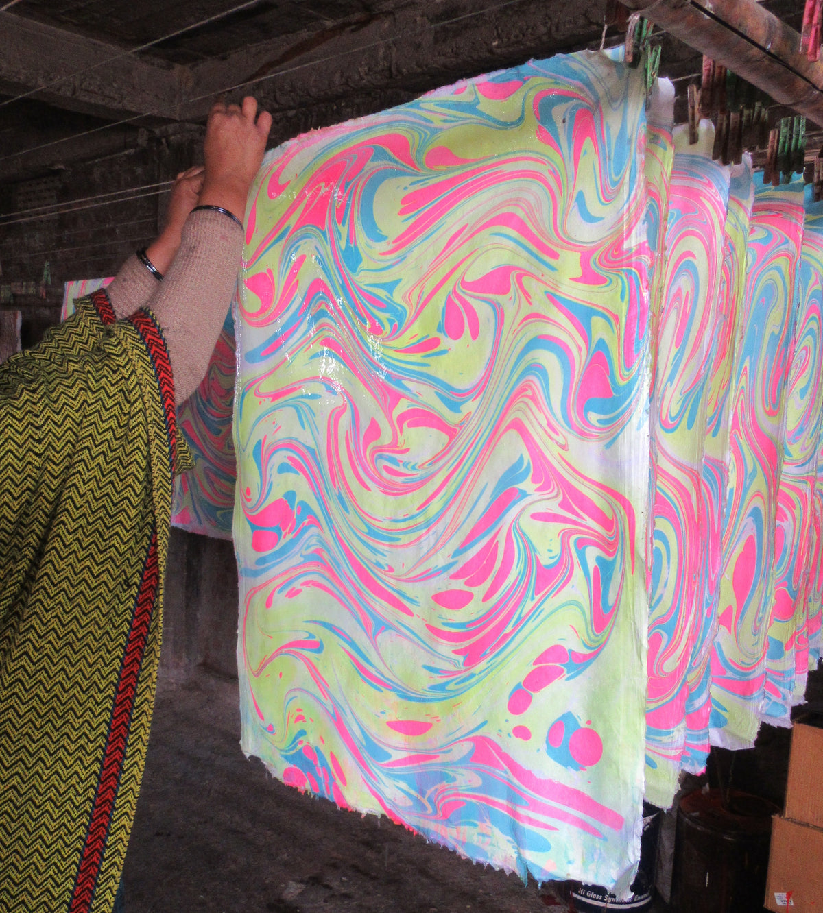 Neon Waves Hand Marbled Wrapping Paper Sheet