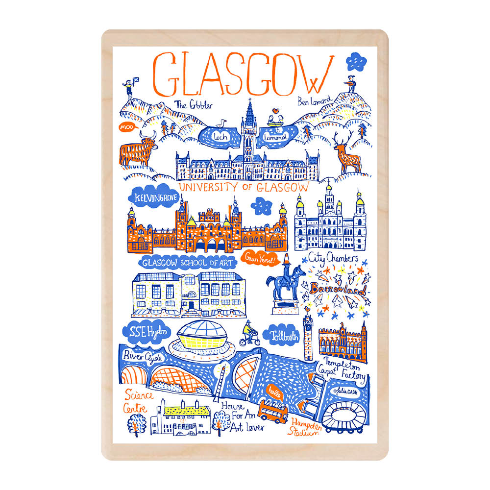 A wooden postcard featuring sites of Glasgow hand illustrated in colour including University of Glasgow, Glasgow School of Art, Templeton Carpet Factory and others.