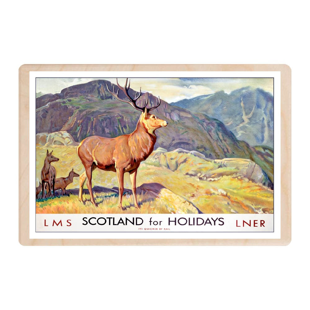 A wooden postcard featuring a scene from a vintage travel poster of the Scottish Highlands and a stag with 2 smaller deer. The words along the bottom say LMS Scotland for Holidays LNER.