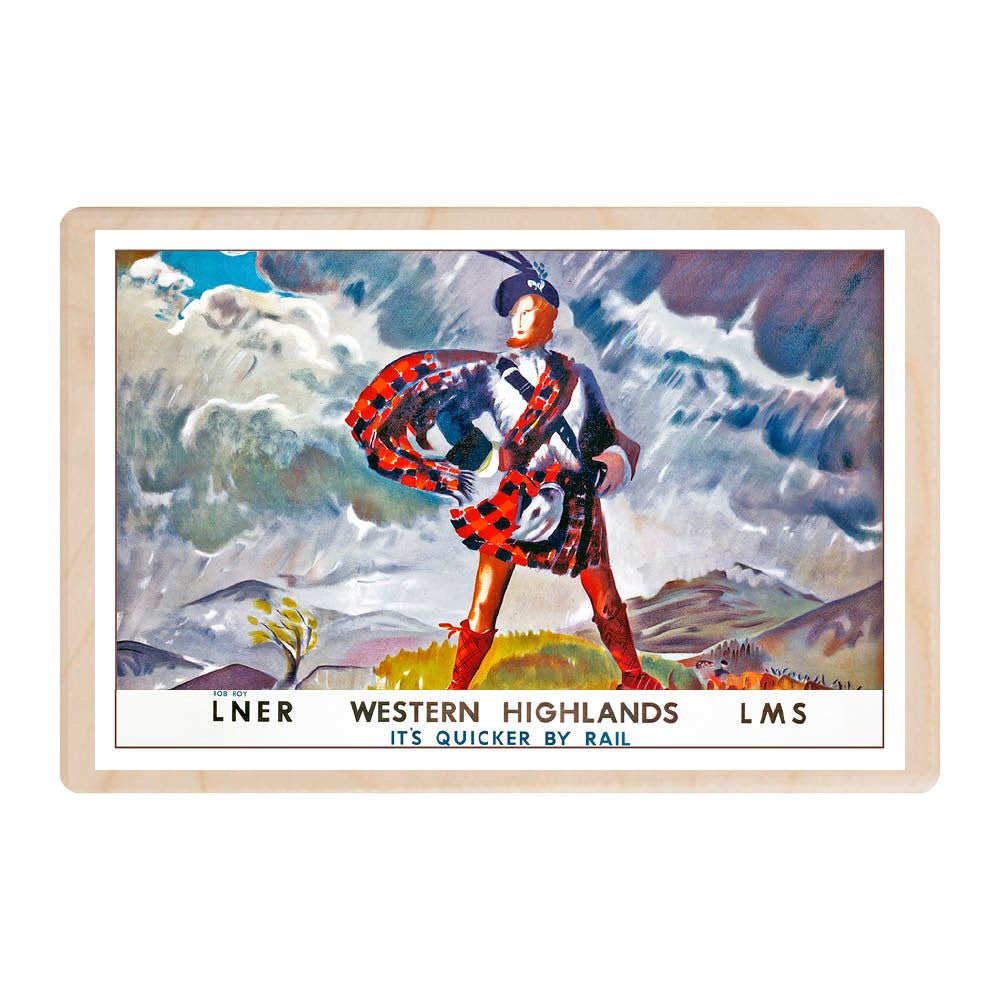 A wooden postcard featuring an image from a vintage travel poster of a Highlander wearing traditional Scottish clothing, standing tall in a cloudy and rainy mountainous scene. There are words along the bottom saying: LNER WESTERN HIGHLANDS IT&#39;S QUICKER BY RAIL LMS&#39;