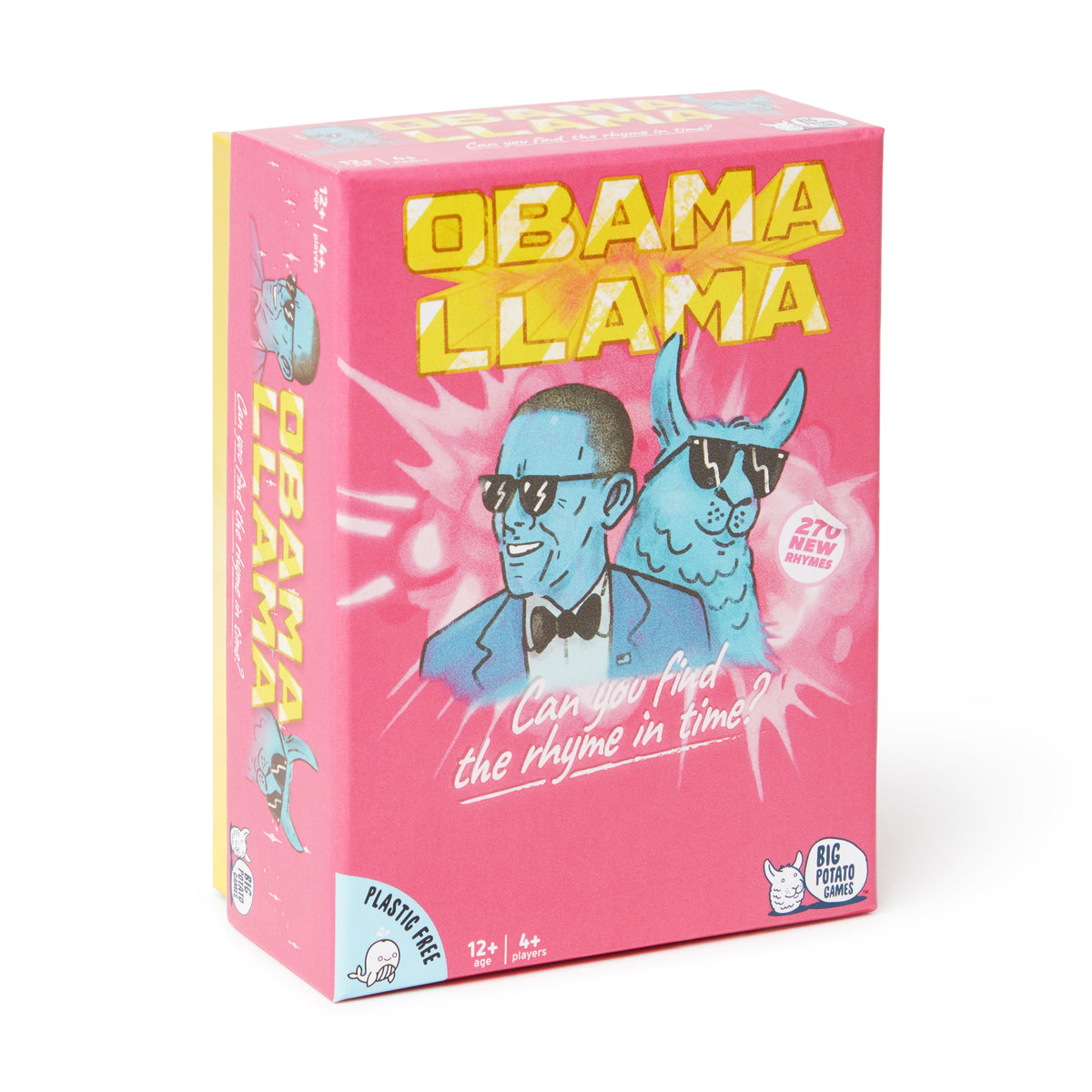 A pink box featuring an illustrated image of Barack Obama and a llama, both with sunglasses on. Houses the game Obama Llama by Big POtato Games