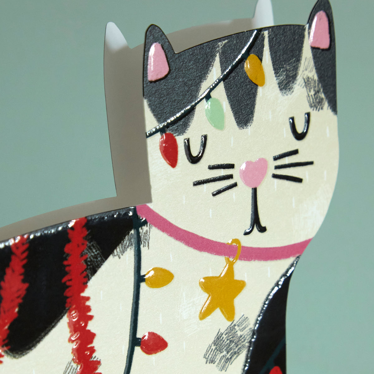 Cute Tangled Lights Cat Cut Out Raspberry Blossom Christmas Card
