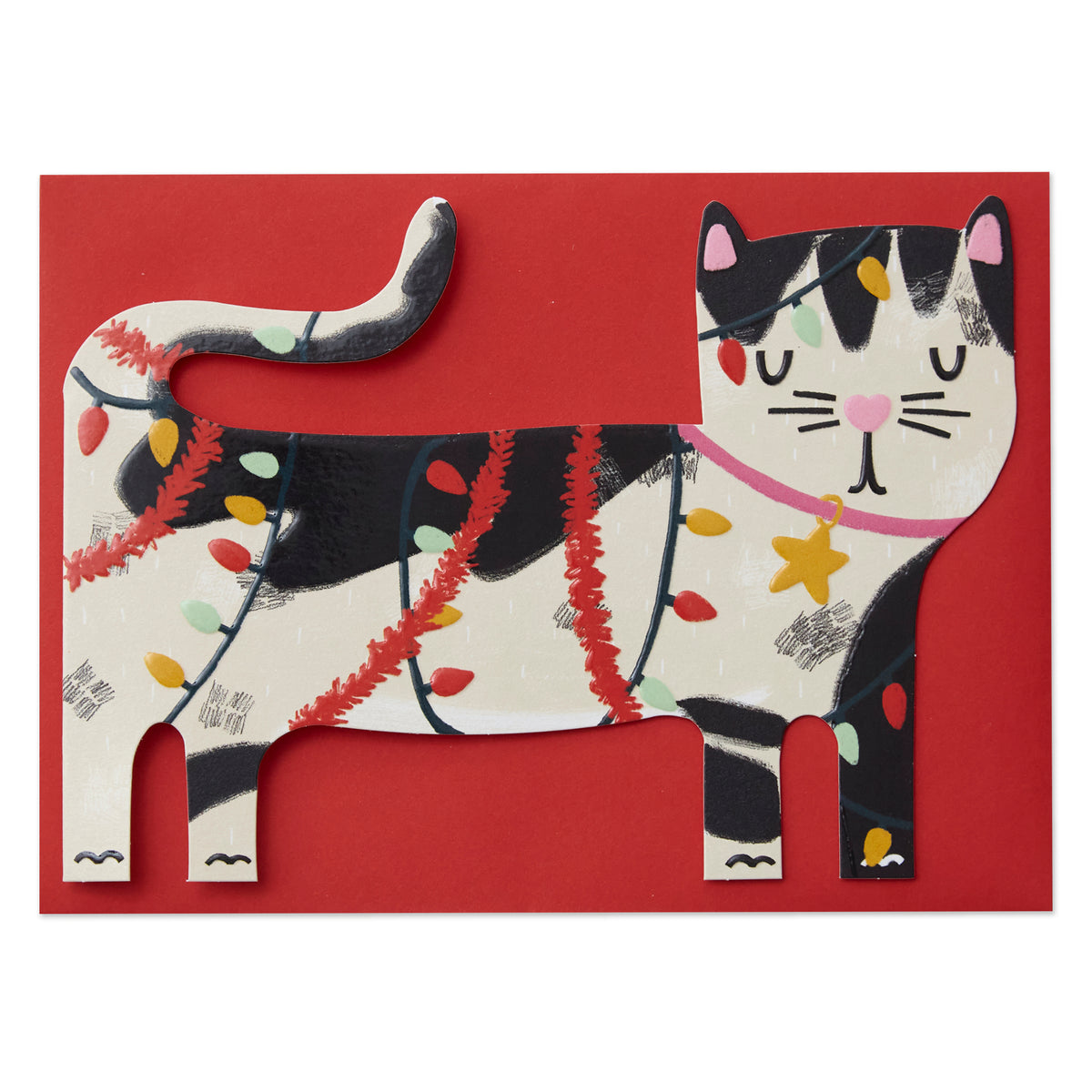 Cute Tangled Lights Cat Cut Out Raspberry Blossom Christmas Card
