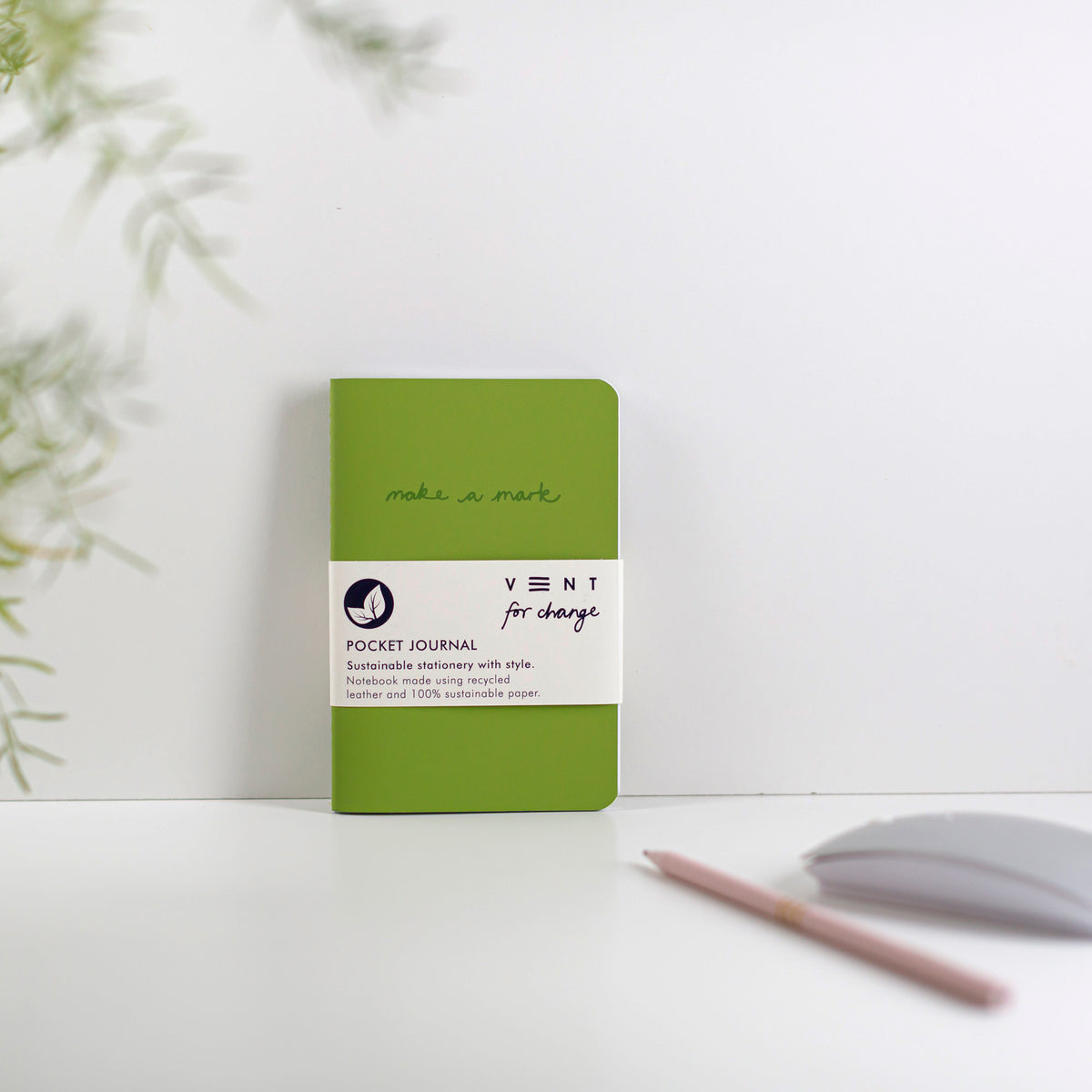 Make a Mark Recycled Leather A6 Pocket Notebook showing earthy green colourway leaning against a white background by Vent For Change at Penny Black