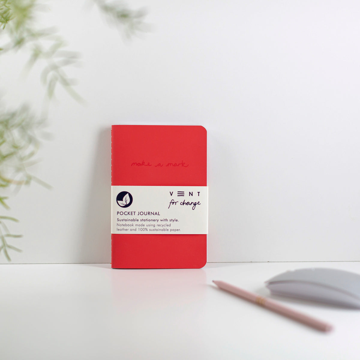Make a Mark Recycled Leather A6 Pocket Notebook showing blood red colourway leaning against a white background by Vent For Change at Penny Black