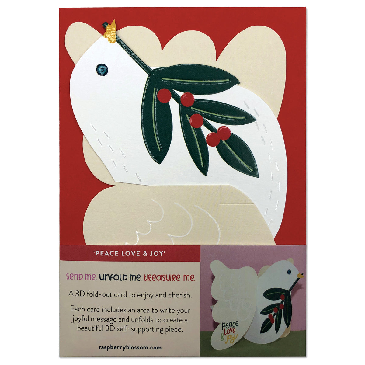 3D Fold-out Peace Dove Raspberry Blossom Christmas Card