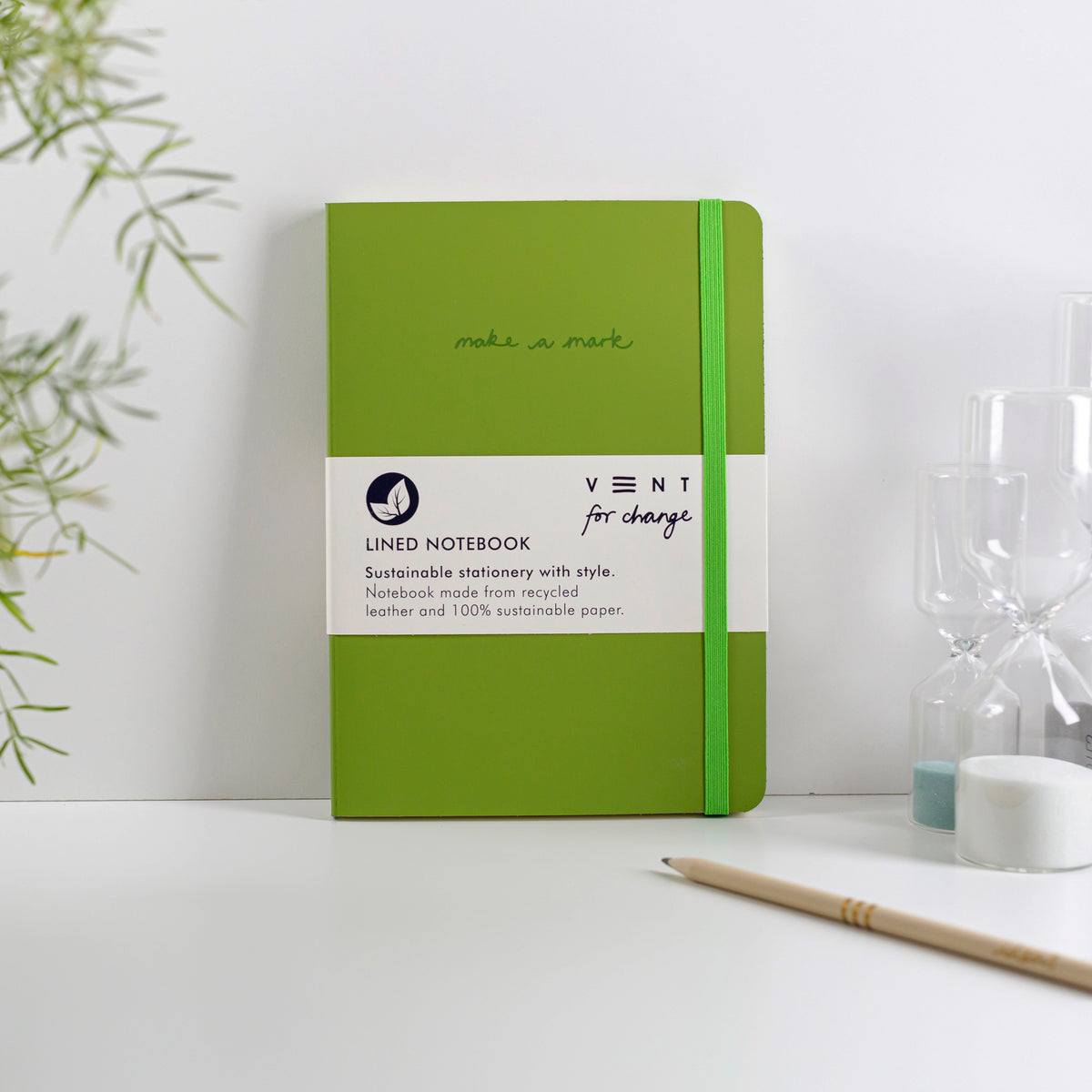 Make a Mark Recycled Leather A5 Lined Notebook in earthy green by Vent for Change at penny black